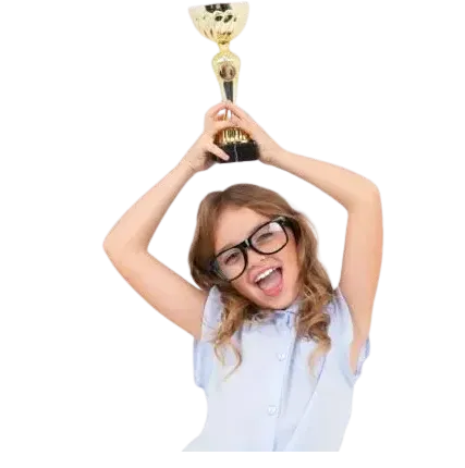 Young figure skater celebrating with a championship trophy